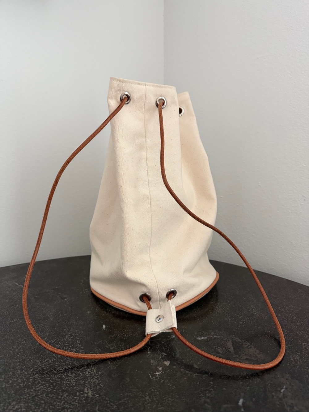 Hermes Cream Canvas Bucket Bag w/ Brown Leather Drawstring - Authentic Pre-Loved - Picture 3 of 11